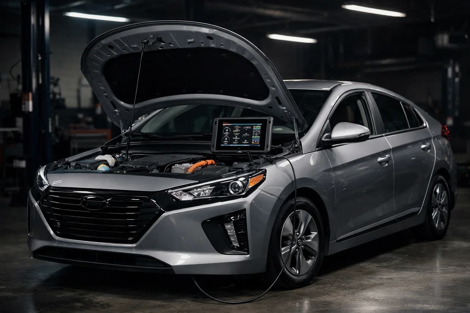 Hyundai Ioniq pierwszej generacji HEV (AE, 2016–2019) w warsztacie diagnostycznym z podniesiętą maską — tablet Autel MaxiSYS Ultra widoczny przez przednią szybę, kabel OBD podpięty