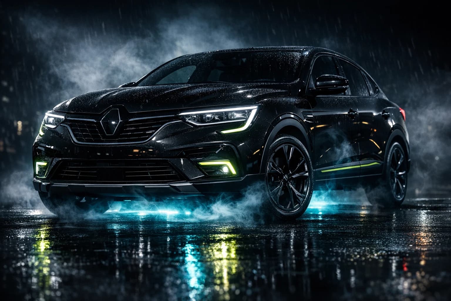 Czarna Renault Arkana E-Tech na mokrym asfalcie w nocy — diagnostyka silnika elektrycznego i kalibracja resolvera.