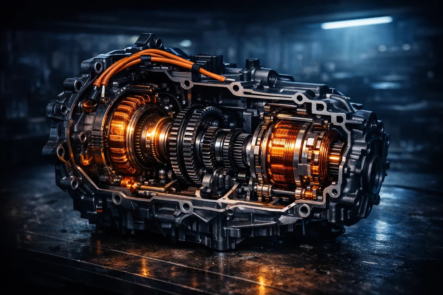 Schemat przekroju skrzyni Renault E-Tech — MGU-S, MGU-E, przekładnia planetarna i hamulce elektromagnetyczne B1/B2.