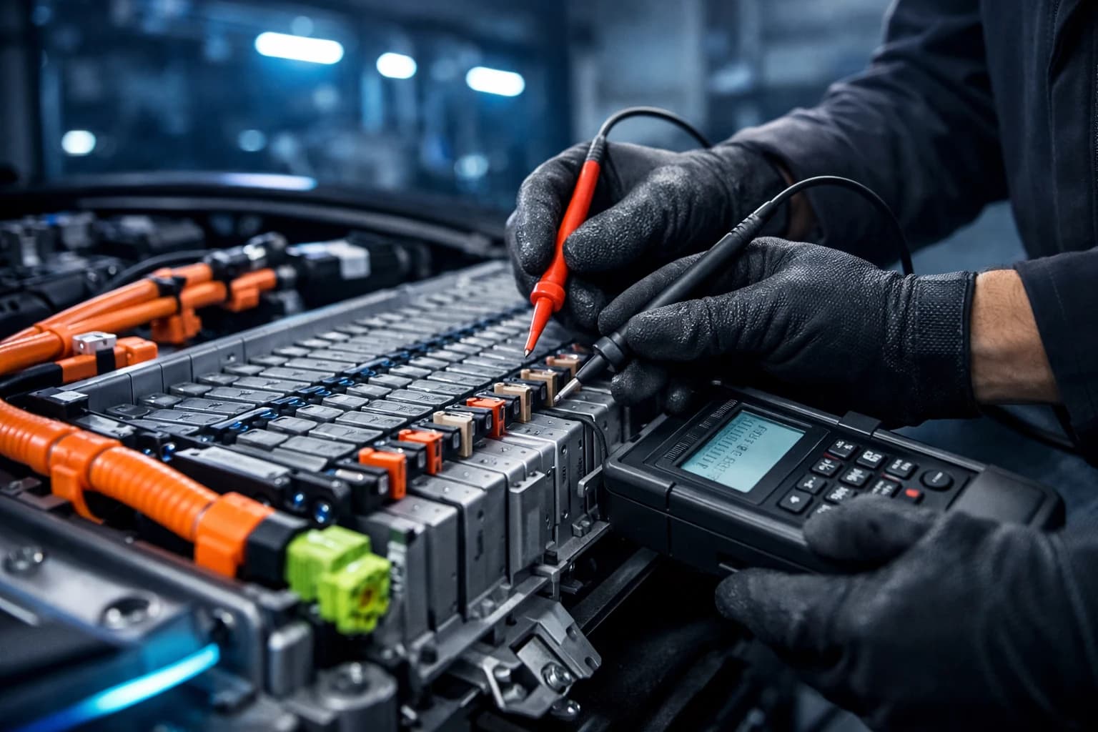 Diagnostyka baterii Toyota Hybrid — moduły NiMH z przewodami HV i skanerem diagnostycznym